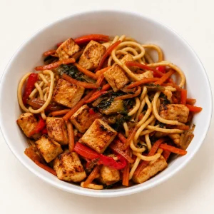 Nouilles sautees tofu croustillant